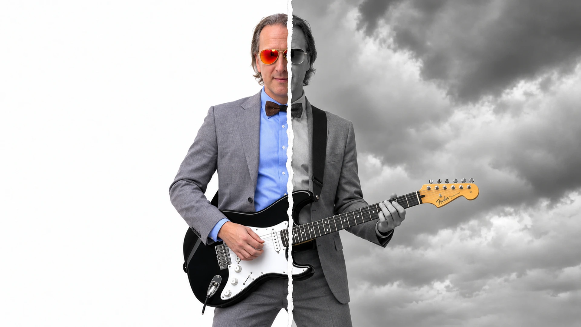 Arto in a grey suit, bow tie and mirrored aviators playing a Fender Stratocaster, the photo torn down the middle into a colour half and a black-and-white half against storm clouds