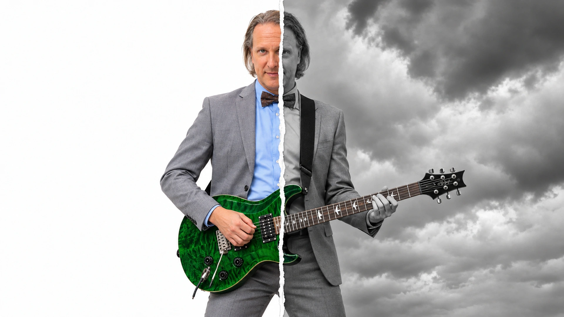 Arto in a grey suit, bow tie and mirrored aviators playing a Fender Stratocaster, the photo torn down the middle into a colour half and a black-and-white half against storm clouds