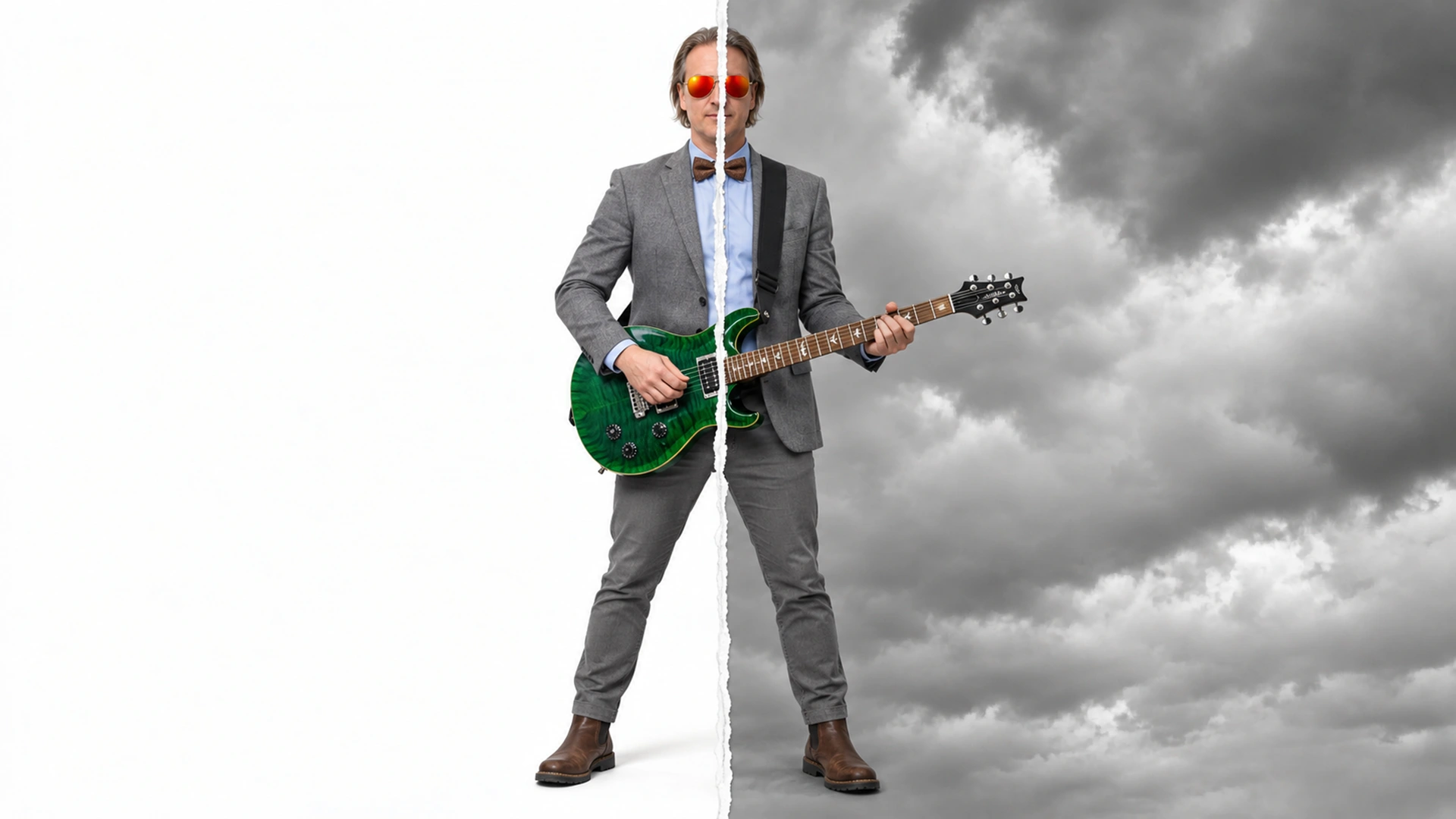 Arto in a grey suit, bow tie and mirrored aviators playing a Fender Stratocaster, the photo torn down the middle into a colour half and a black-and-white half against storm clouds