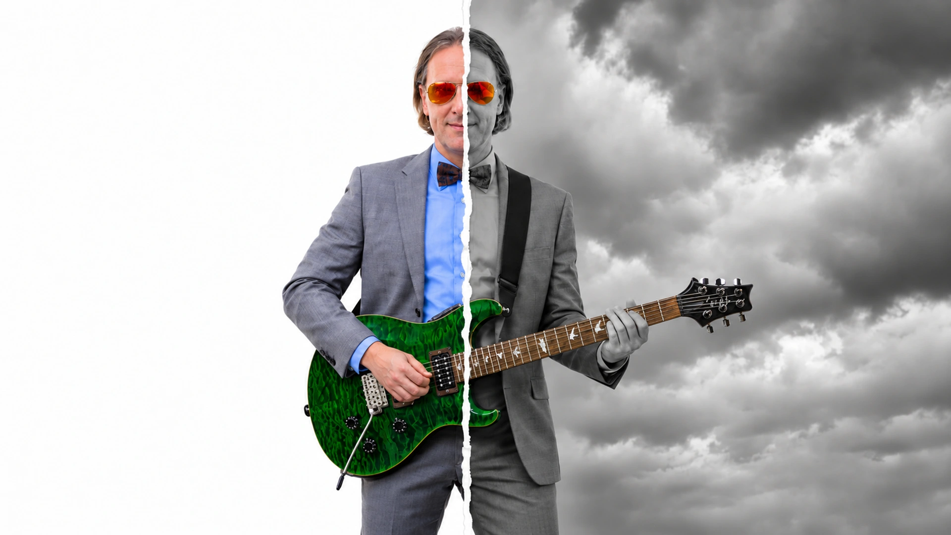Arto in a grey suit, bow tie and mirrored aviators playing a Fender Stratocaster, the photo torn down the middle into a colour half and a black-and-white half against storm clouds